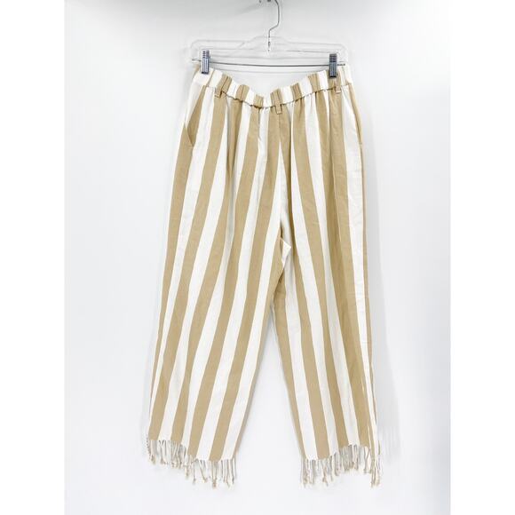 Staud Zuma Cabana Stripe Fringe Hem Beige White Cotton & Linen Pants Size 10 NWT - Picture 4 of 6